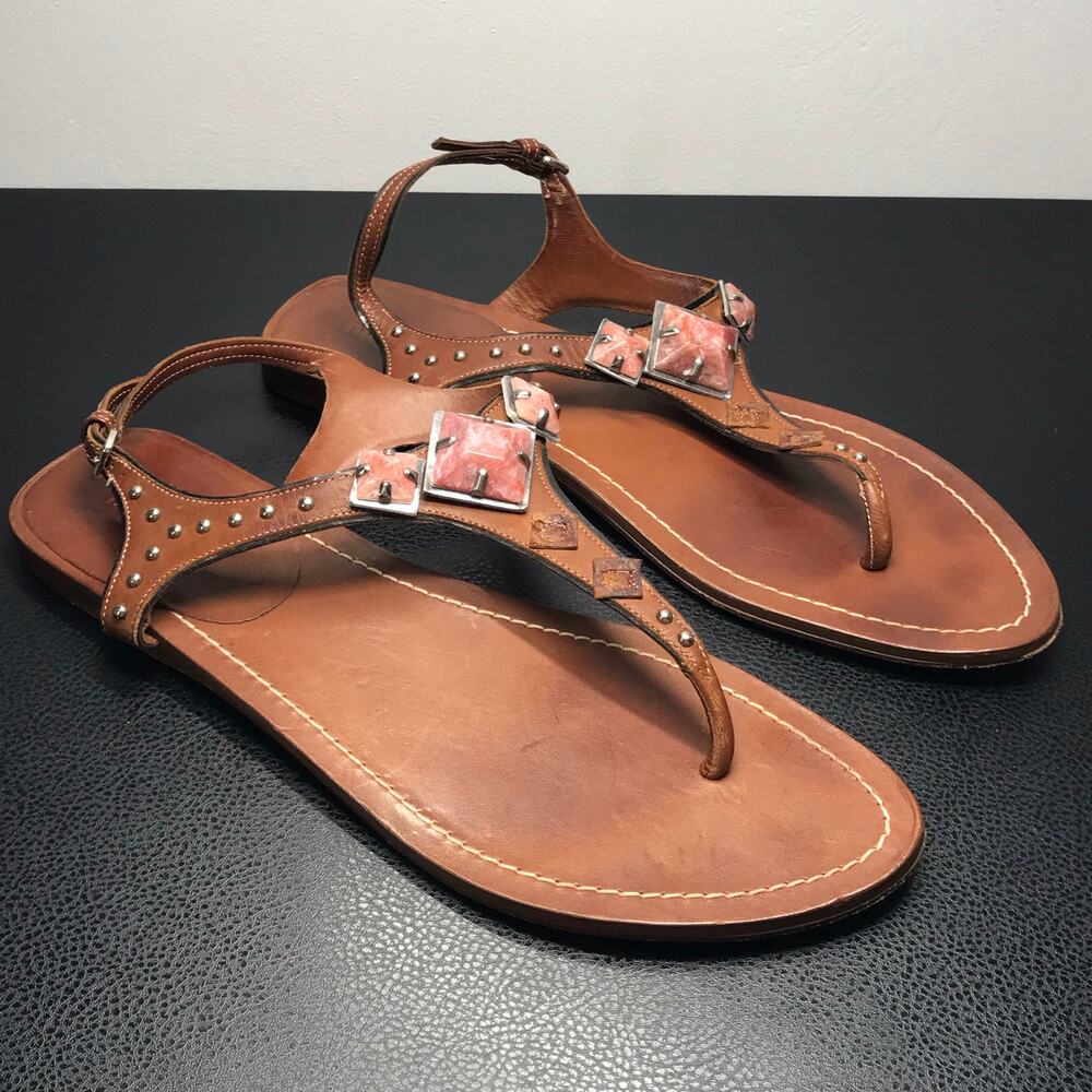 Miu Miu SZ 41 Brown Leather Thong Gladiator Sandals Pink Silver Pyramid Studs - Picture 4 of 13